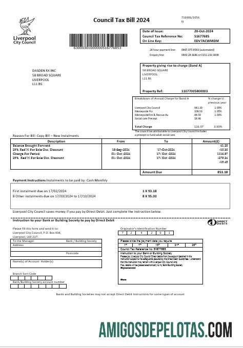 imprimível Modelo de conta de serviços públicos tributários da Câmara Municipal de Liverpool do Reino Unido em formatos Word